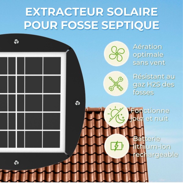 Points forts de l'EXTRACTEUR SOLAIRE RECHARGEABLE POUR FOSSE SEPTIQUE coloris noir