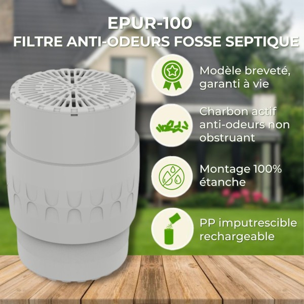 EPUR-100 FILTRE ANTI-ODEURS AU CHARBON ACTIF POUR FOSSE SEPTIQUE , TOUTES EAUX , Ø 100 MM