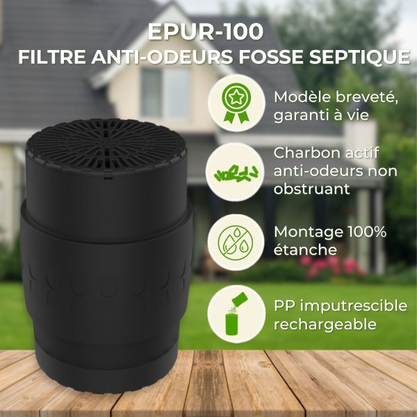 EPUR-100 FILTRE ANTI-ODEURS AU CHARBON ACTIF POUR FOSSE SEPTIQUE , TOUTES EAUX , Ø 100 MM