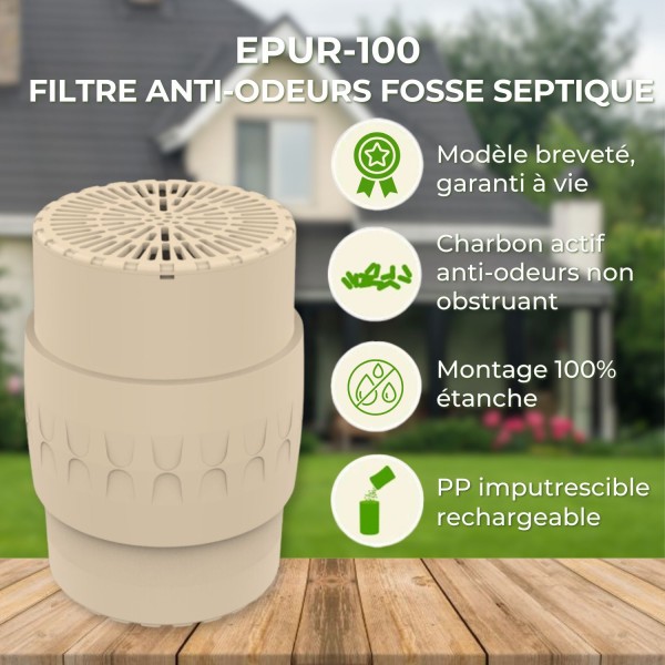 EPUR-100 FILTRE ANTI-ODEURS AU CHARBON ACTIF POUR FOSSE SEPTIQUE , TOUTES EAUX , Ø 100 MM