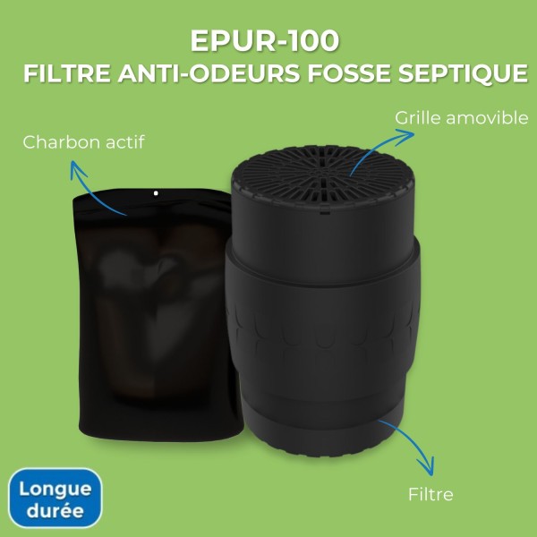 EPUR-100 FILTRE ANTI-ODEURS AU CHARBON ACTIF POUR FOSSE SEPTIQUE , TOUTES EAUX , Ø 100 MM