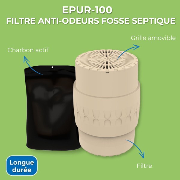 EPUR-100 FILTRE ANTI-ODEURS AU CHARBON ACTIF POUR FOSSE SEPTIQUE , TOUTES EAUX , Ø 100 MM