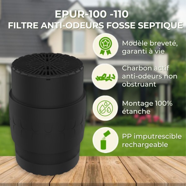 EPUR-100-110 FILTRE ANTI-ODEURS AU CHARBON ACTIF POUR FOSSE SEPTIQUE , TOUTES EAUX , Ø 100 MM