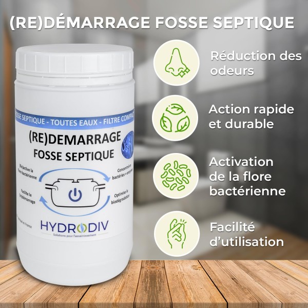 Avantages du produit de démarrage redémarrage fosse septique, fosse toutes eaux, filtre compact, aux bactéries et enzymes