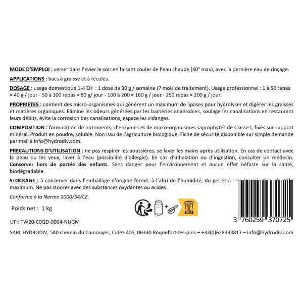 TRAITEMENT BAC À GRAISSE , ASSAINISSEMENT : POUDRE AUX ENZYMES 1 KG étiquette verso